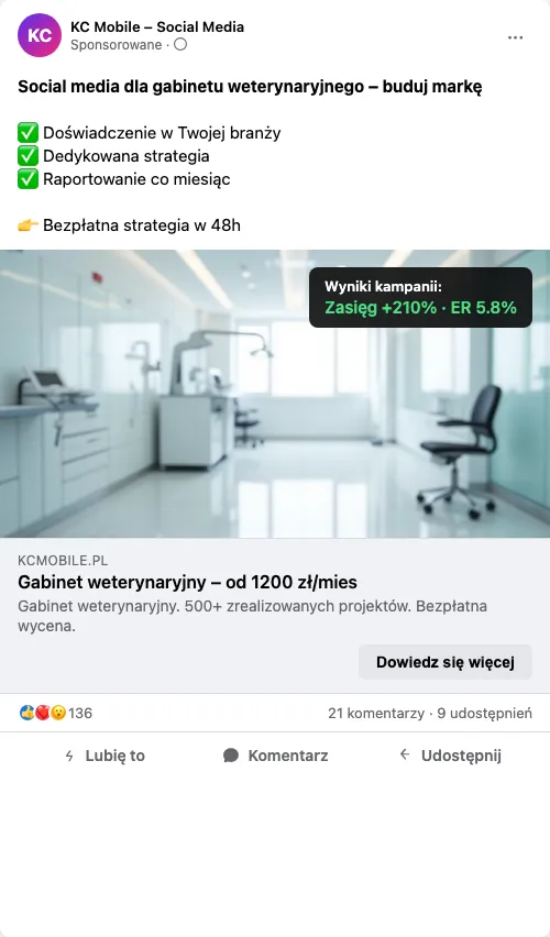 Przykładowa kreacja reklamowa – Social Media dla gabinetu weterynaryjnego