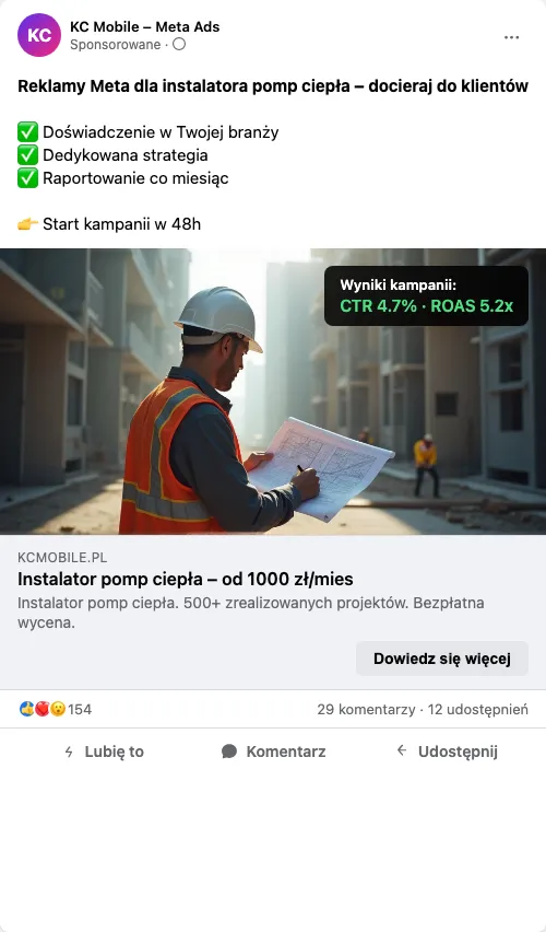 Przykładowa kreacja reklamowa – Reklama Facebook i Instagram dla instalatora pomp ciepła