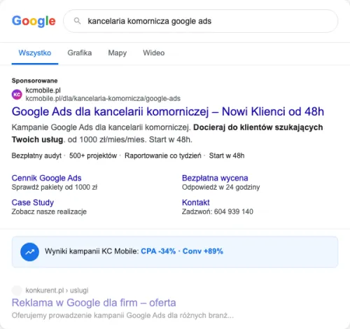 Przykładowa kreacja reklamowa – Google Ads dla kancelarii komorniczej