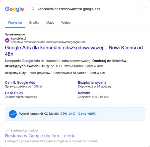 Przykładowa kreacja reklamowa – Google Ads dla kancelarii odszkodowawczej