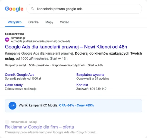 Przykładowa kreacja reklamowa – Google Ads dla kancelarii prawnej