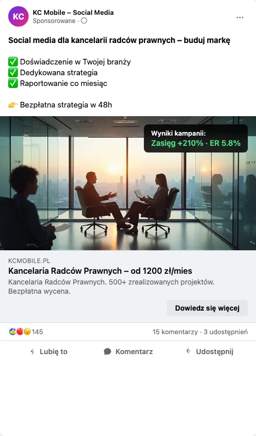 Przykładowa kreacja reklamowa - Social Media dla kancelarii radców prawnych