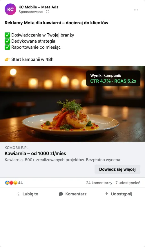 Przykładowa kreacja reklamowa - Reklama Facebook i Instagram dla kawiarni