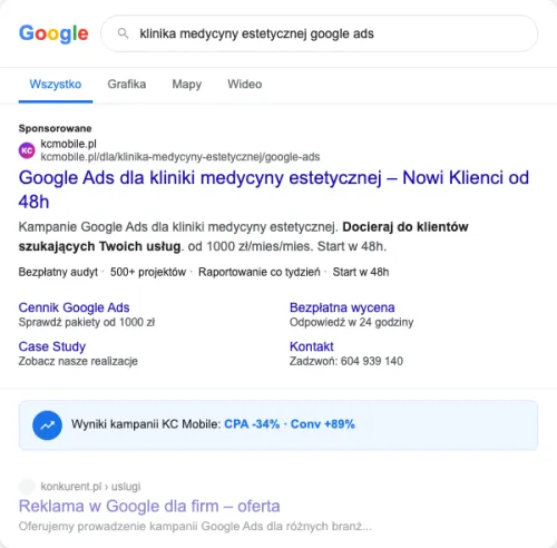 Przykładowa kreacja reklamowa – Google Ads dla kliniki medycyny estetycznej