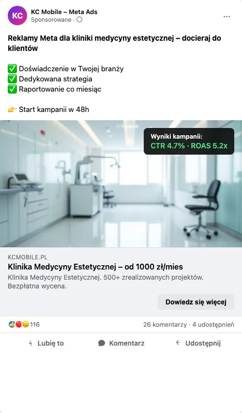 Przykładowa kreacja reklamowa – Reklama Facebook i Instagram dla kliniki medycyny estetycznej