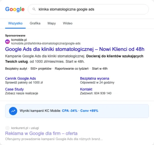 Przykładowa kreacja reklamowa – Google Ads dla kliniki stomatologicznej