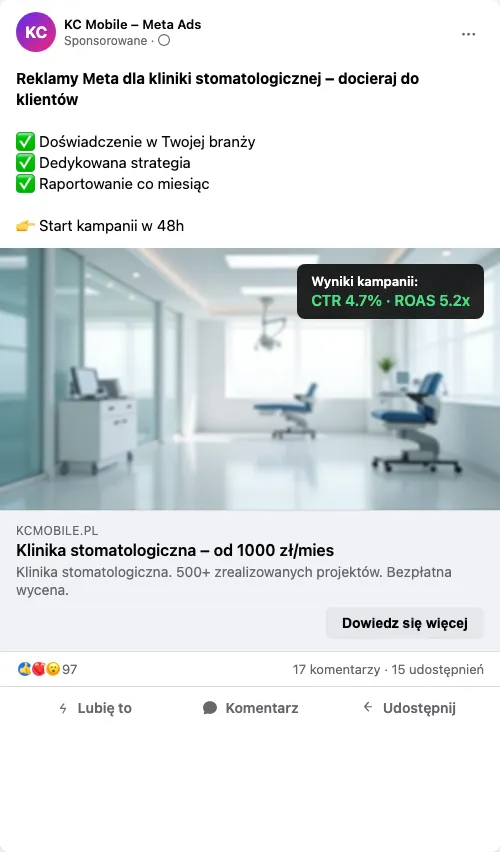 Przykładowa kreacja reklamowa – Reklama Facebook i Instagram dla kliniki stomatologicznej