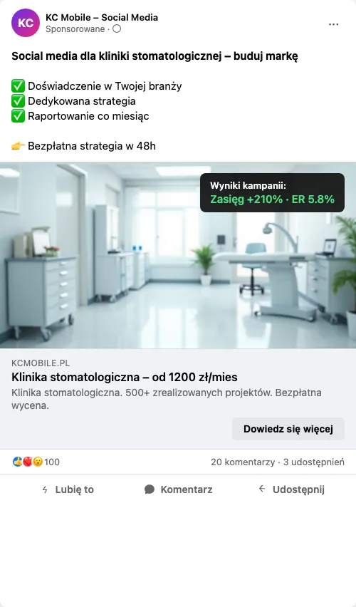 Przykładowa kreacja reklamowa – Social Media dla kliniki stomatologicznej