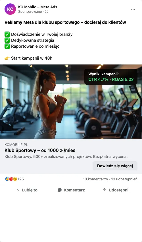 Przykładowa kreacja reklamowa – Reklama Facebook i Instagram dla klubu sportowego
