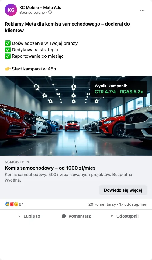 Przykładowa kreacja reklamowa – Reklama Facebook i Instagram dla komisu samochodowego