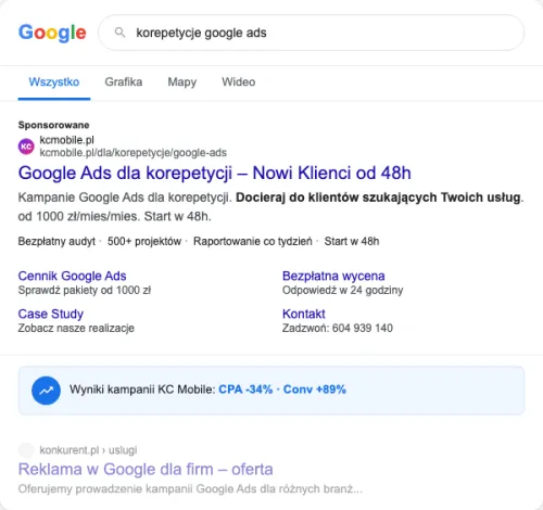 Przykładowa kreacja reklamowa – Google Ads dla korepetycji