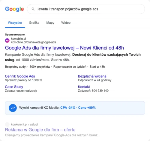 Przykładowa kreacja reklamowa – Google Ads dla firmy lawetowej
