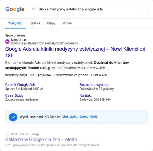 Przykładowa kreacja reklamowa – Google Ads dla kliniki medycyny estetycznej