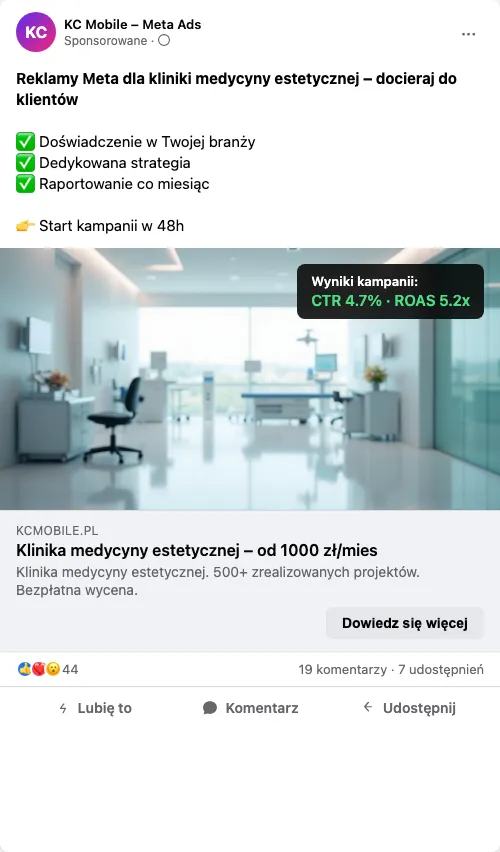 Przykładowa kreacja reklamowa – Reklama Facebook i Instagram dla kliniki medycyny estetycznej