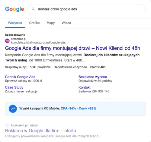 Przykładowa kreacja reklamowa – Google Ads dla firmy montującej drzwi