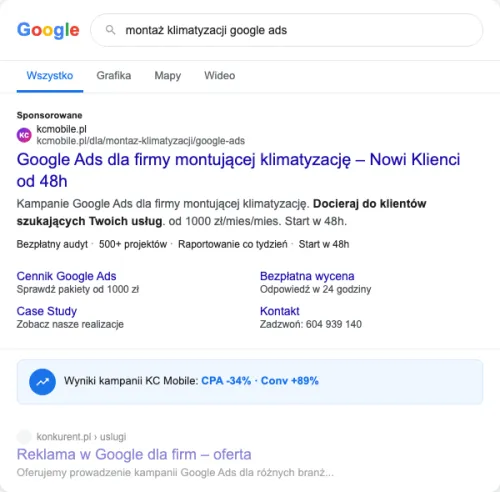 Przykładowa kreacja reklamowa – Google Ads dla firmy montującej klimatyzację
