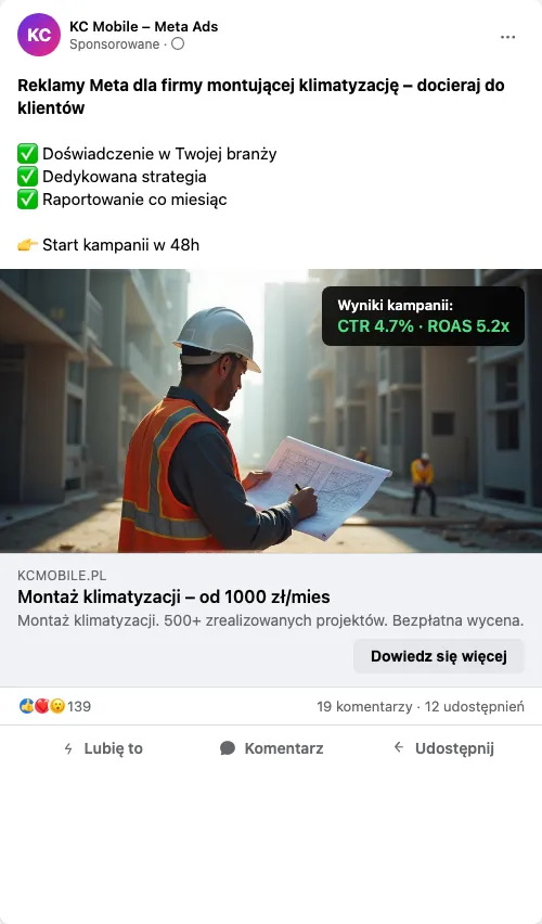 Przykładowa kreacja reklamowa – Reklama Facebook i Instagram dla firmy montującej klimatyzację