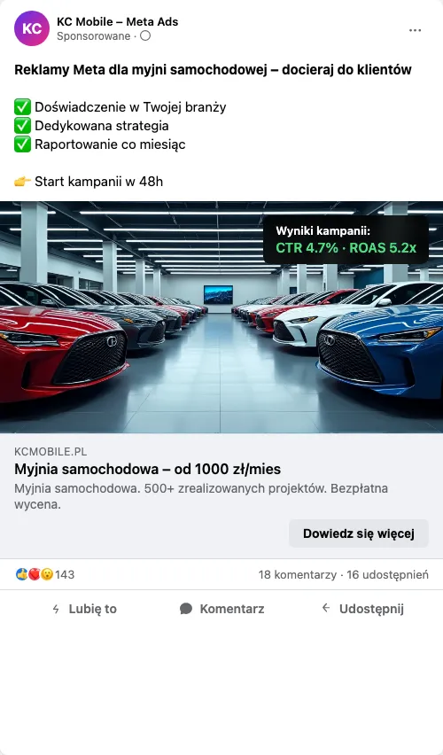 Przykładowa kreacja reklamowa - Reklama Facebook i Instagram dla myjni samochodowej