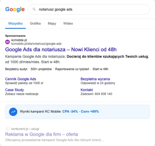 Przykładowa kreacja reklamowa – Google Ads dla notariusza