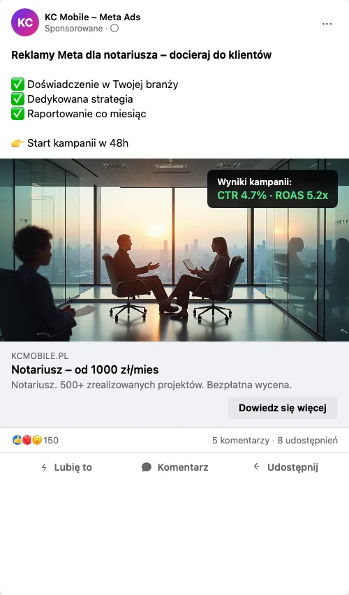 Przykładowa kreacja reklamowa – Reklama Facebook i Instagram dla notariusza