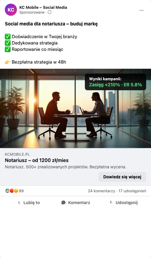 Przykładowa kreacja reklamowa – Social Media dla notariusza