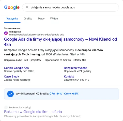 Przykładowa kreacja reklamowa – Google Ads dla firmy oklejającej samochody