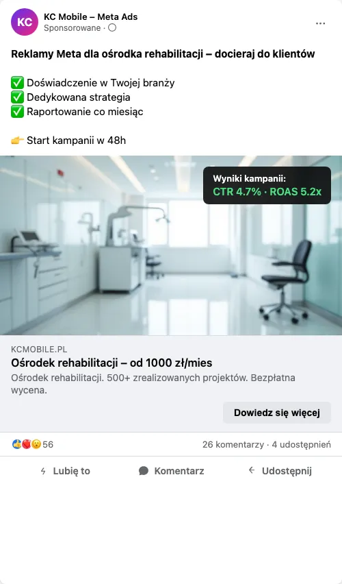Przykładowa kreacja reklamowa – Reklama Facebook i Instagram dla ośrodka rehabilitacji