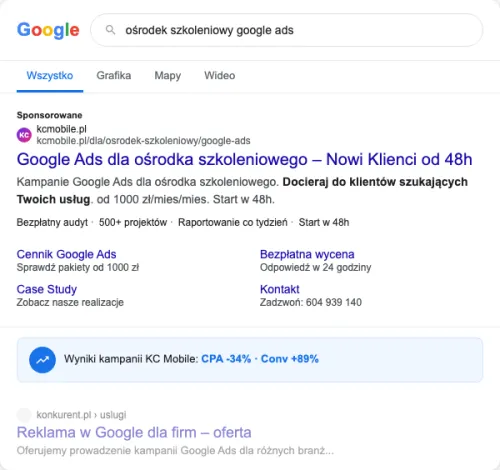Przykładowa kreacja reklamowa - Google Ads dla ośrodka szkoleniowego