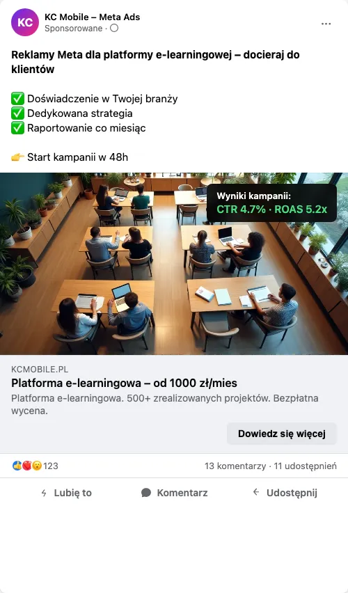 Przykładowa kreacja reklamowa – Reklama Facebook i Instagram dla platformy e-learningowej