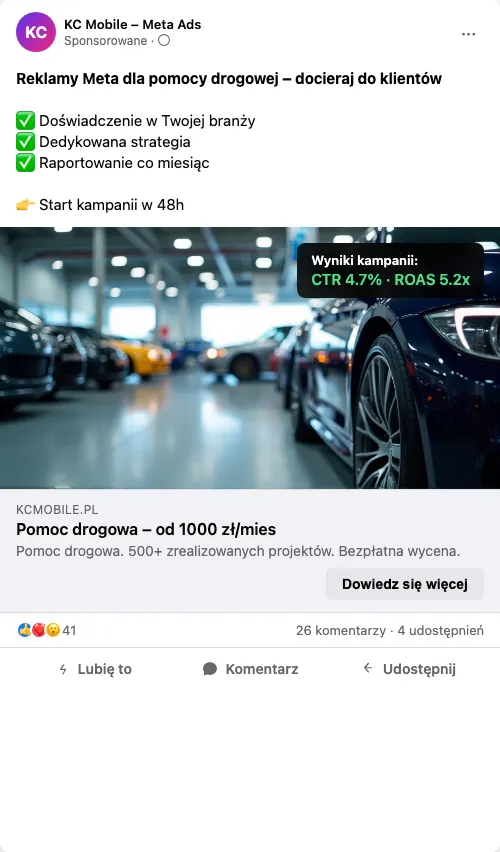 Przykładowa kreacja reklamowa – Reklama Facebook i Instagram dla pomocy drogowej