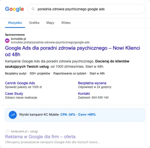 Przykładowa kreacja reklamowa – Google Ads dla poradni zdrowia psychicznego