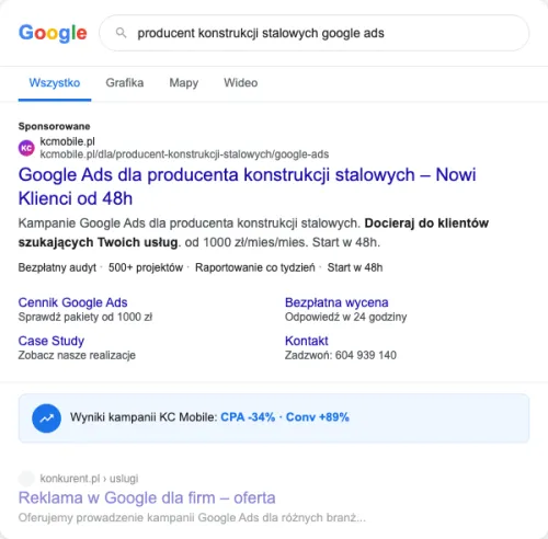 Przykładowa kreacja reklamowa – Google Ads dla producenta konstrukcji stalowych