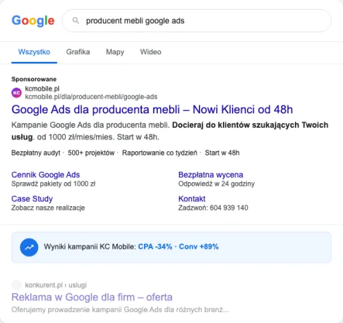 Przykładowa kreacja reklamowa – Google Ads dla producenta mebli