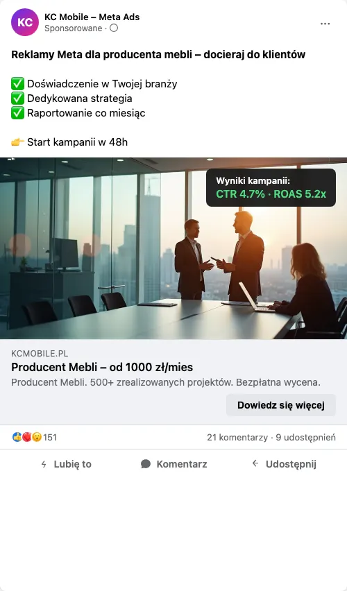Przykładowa kreacja reklamowa – Reklama Facebook i Instagram dla producenta mebli