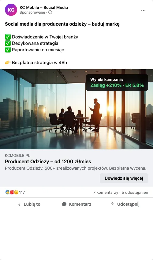 Przykładowa kreacja reklamowa – Social Media dla producenta odzieży