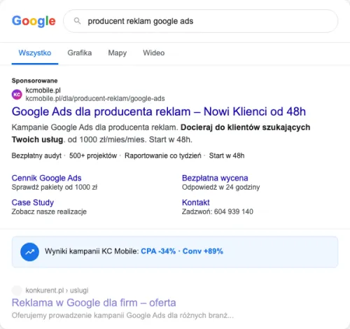 Przykładowa kreacja reklamowa – Google Ads dla producenta reklam
