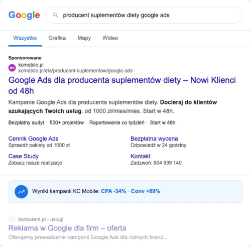 Przykładowa kreacja reklamowa – Google Ads dla producenta suplementów diety