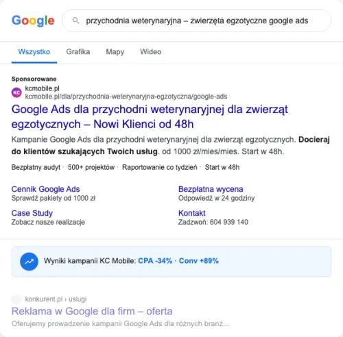 Przykładowa kreacja reklamowa – Google Ads dla przychodni weterynaryjnej dla zwierząt egzotycznych