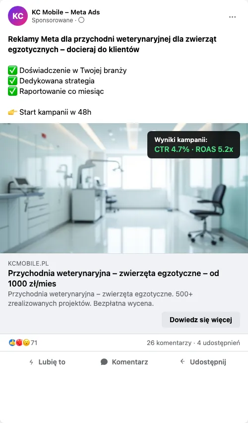 Przykładowa kreacja reklamowa – Reklama Facebook i Instagram dla przychodni weterynaryjnej dla zwierząt egzotycznych