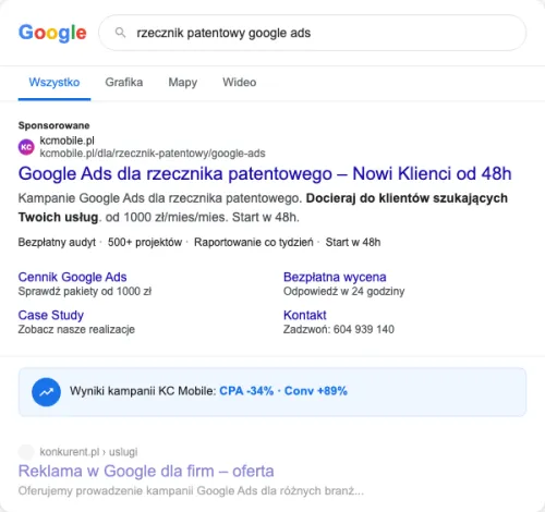 Przykładowa kreacja reklamowa – Google Ads dla rzecznika patentowego