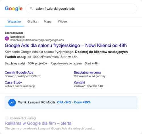 Przykładowa kreacja reklamowa – Google Ads dla salonu fryzjerskiego