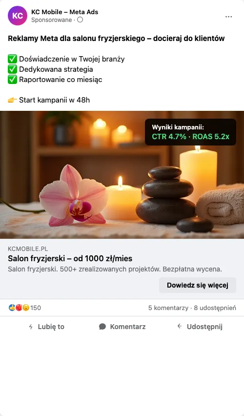 Przykładowa kreacja reklamowa – Reklama Facebook i Instagram dla salonu fryzjerskiego
