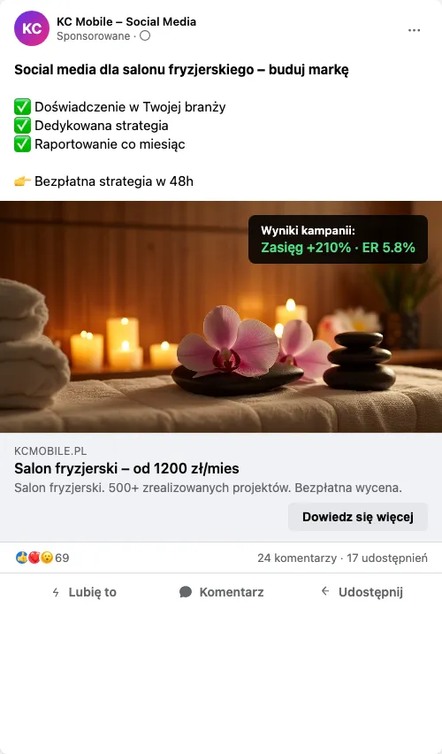 Przykładowa kreacja reklamowa – Social Media dla salonu fryzjerskiego