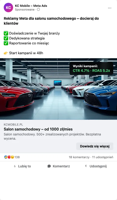 Przykładowa kreacja reklamowa – Reklama Facebook i Instagram dla salonu samochodowego