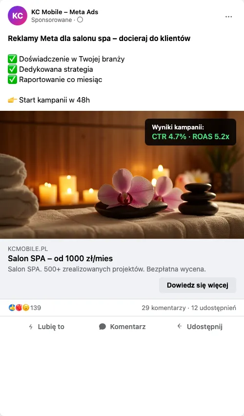 Przykładowa kreacja reklamowa – Reklama Facebook i Instagram dla salonu spa