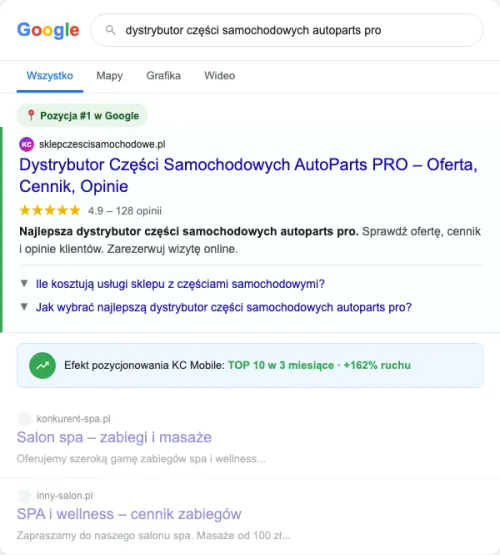 Przykładowa kreacja reklamowa – Pozycjonowanie SEO dla sklepu z częściami samochodowymi