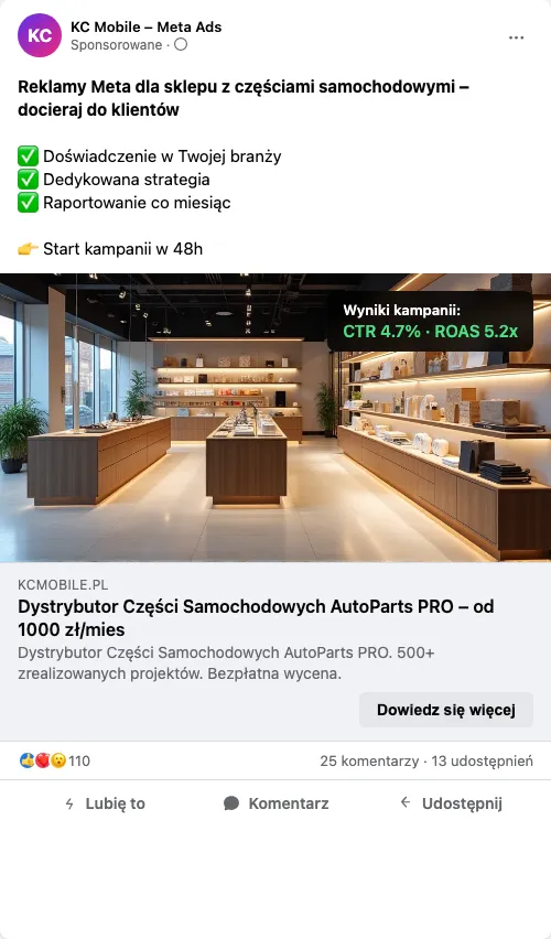 Przykładowa kreacja reklamowa – Reklama Facebook i Instagram dla sklepu z częściami samochodowymi