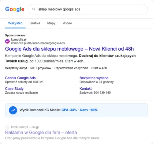 Przykładowa kreacja reklamowa – Google Ads dla sklepu meblowego