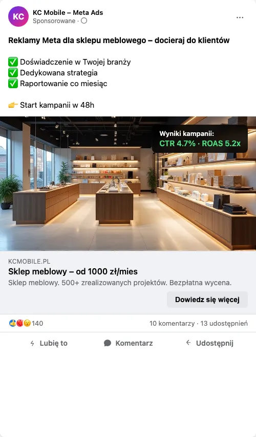 Przykładowa kreacja reklamowa – Reklama Facebook i Instagram dla sklepu meblowego