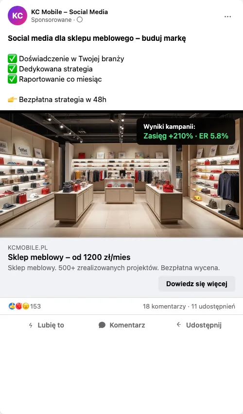 Przykładowa kreacja reklamowa – Social Media dla sklepu meblowego